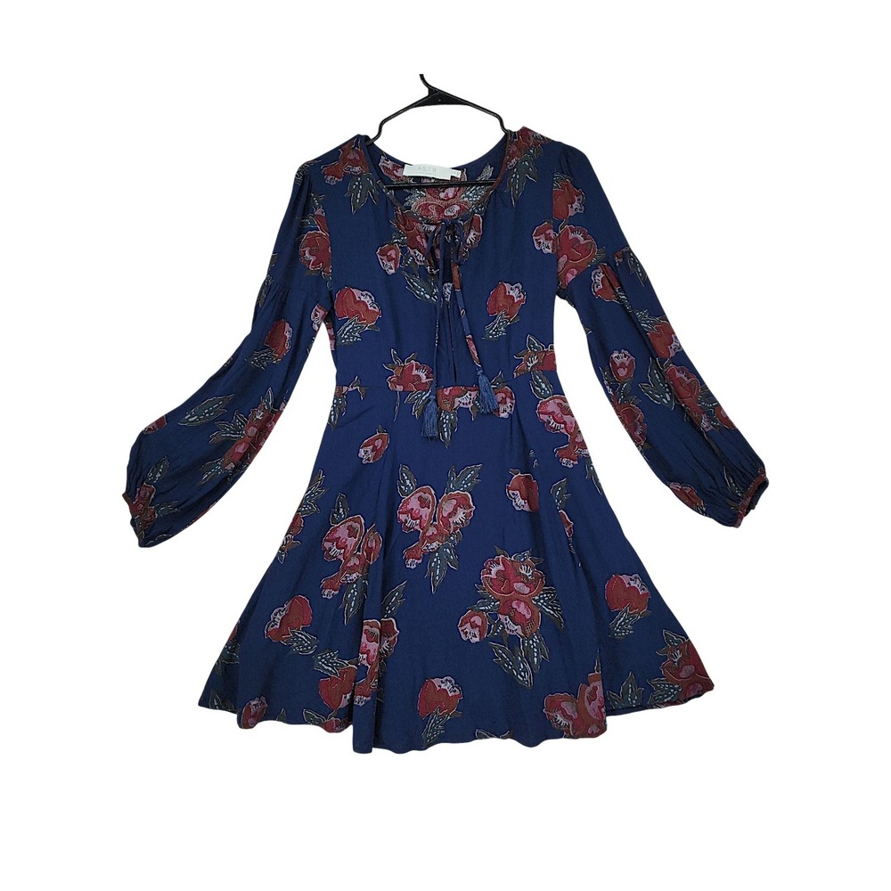 ASTR The Label Mini Dress S‎ Navy Blue Floral Boho Fairy Tassel Balloon Sleeve